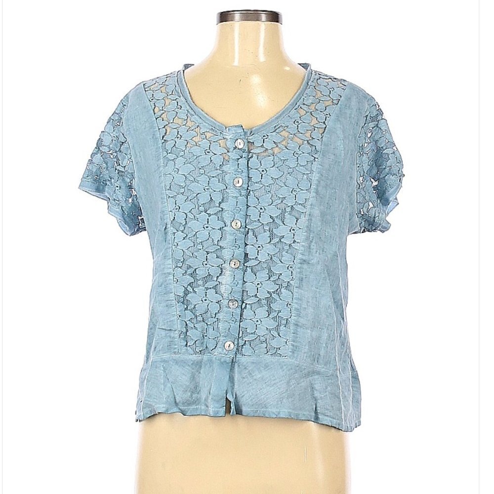 MALOKA Blue Linen Lace Short Sleeve Top Size 6